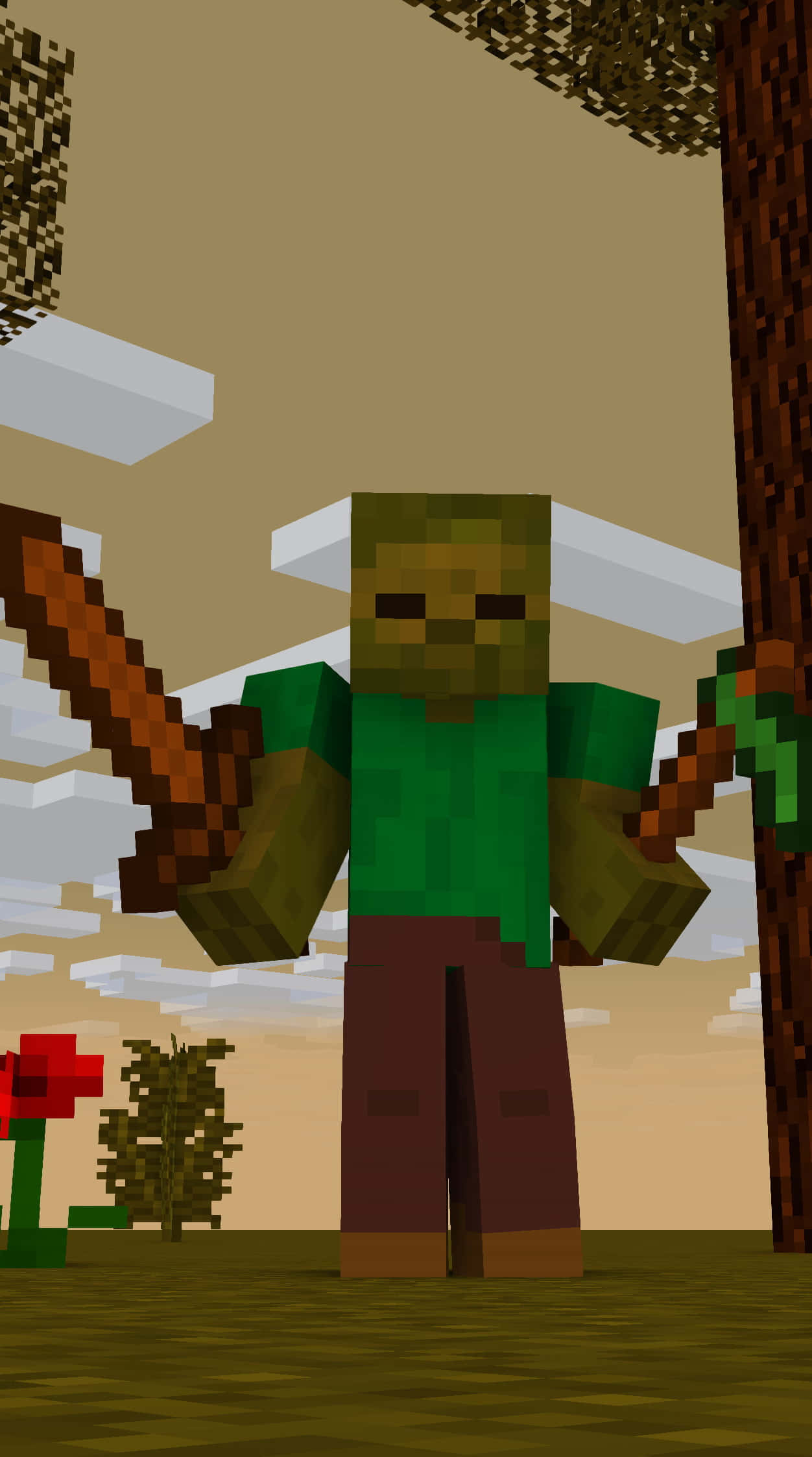 Minecraft Zombie 桌布 壁紙 — 一個像素化的喪屍，身穿綠色襯衫和棕色褲子，站在方塊森林中，手持木劍。