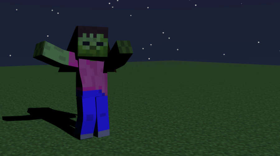 Minecraft Zombie 桌布 壁紙 — 一個像素化的喪屍在 Minecraft 的星空夜空下，站在草地上張開雙臂。