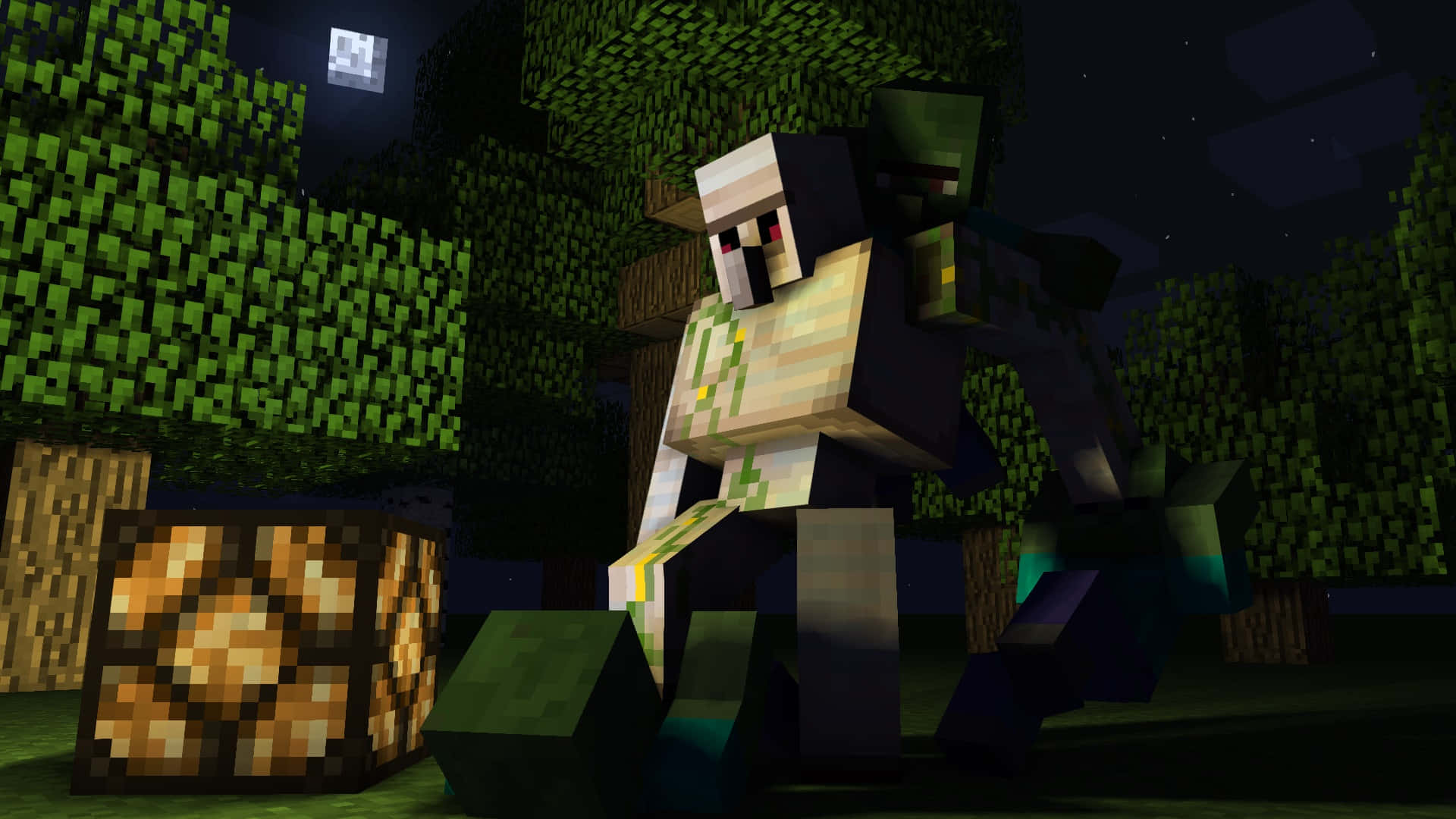 Minecraft Iron Golem 桌布 壁紙 — 一個像素化的喪屍在夜晚的黑暗森林中，在星光閃爍的天空下，伴隨著發光的月亮，威嚇地站立著。