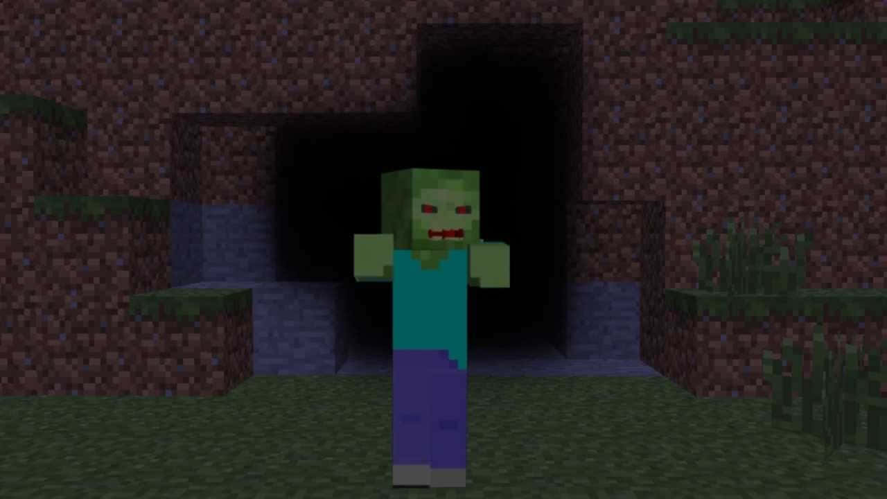 Minecraft Zombie 桌布 壁紙 — 一個像素化的喪屍站在一個有草地和泥土紋理的方塊Minecraft世界的黑暗洞穴入口處。
