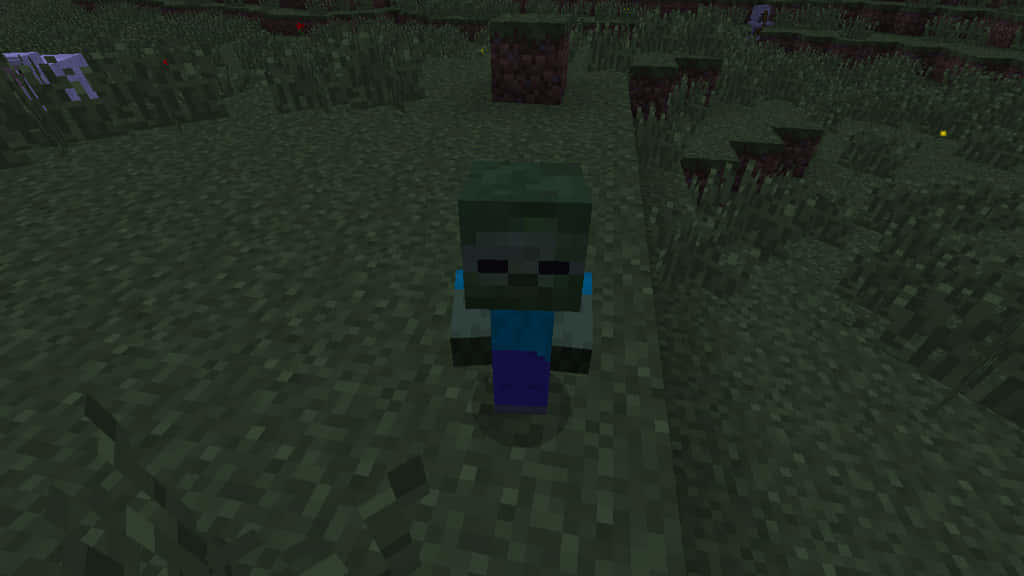 Minecraft Zombie 桌布 壁紙 — 一個像素化的喪屍站在昏暗的草地上，背景有紅石磚和發光的蘑菇。