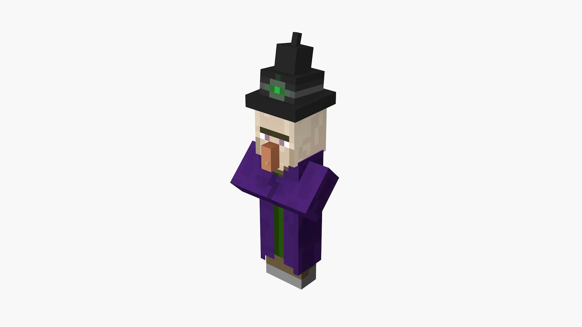 Minecraft Witch 桌布 壁紙 — 一個像素化的女巫，穿著紫色長袍和黑色帽子，帽子上有綠色寶石，站在純白色背景前。