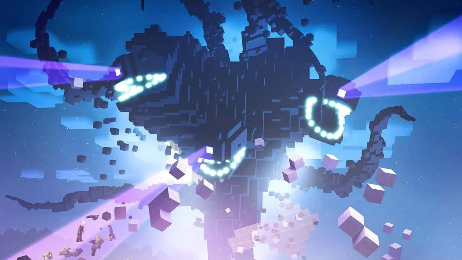 Minecraft Wither 桌布 壁紙 — 一個像素化的宇宙場景，發光的藍色和紫色觸手從破碎的方塊結構中射出光束，背景是星空。