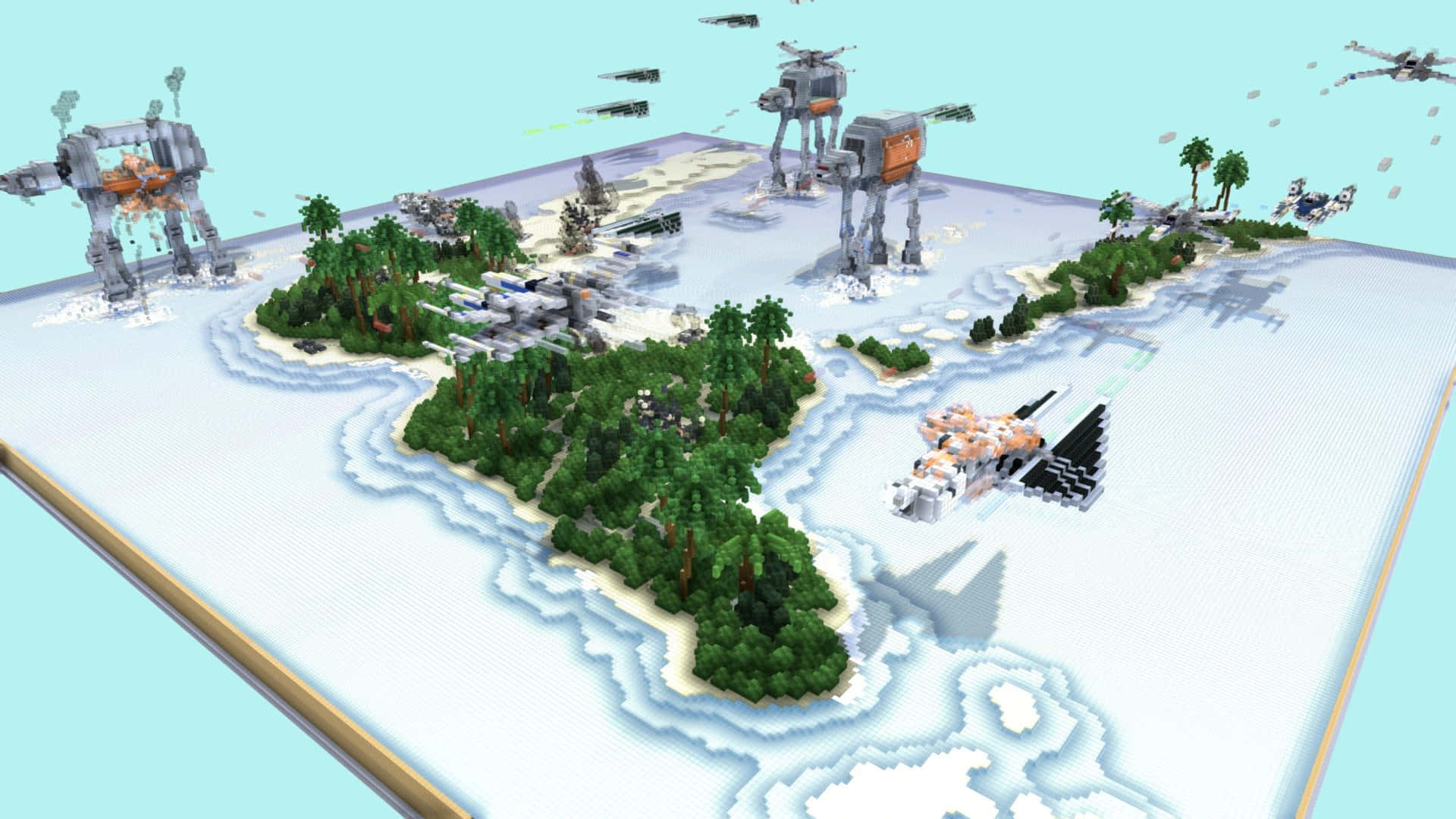 The Battle Of Scarif 桌布 壁紙 — 一個像素化的島嶼戰場，有AT-AT步行機和星際戰機，呈現Minecraft風格的星球大戰場景。