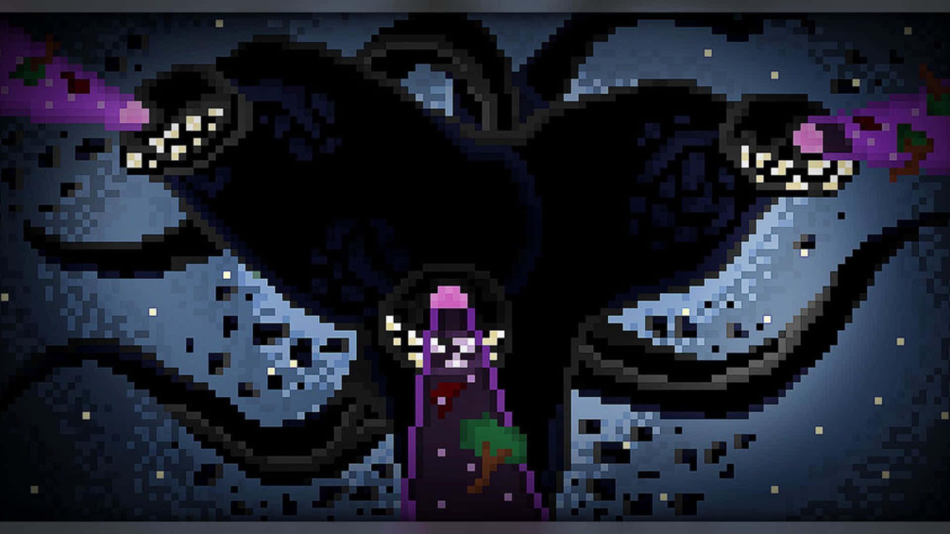 Minecraft Wither 桌布 壁紙 — 一個像素化的巫師穿著紫色長袍，在繁星點點的夜空下，挑釁地站在一個擁有發光眼睛和紫色能量光束的巨大黑暗生物面前。