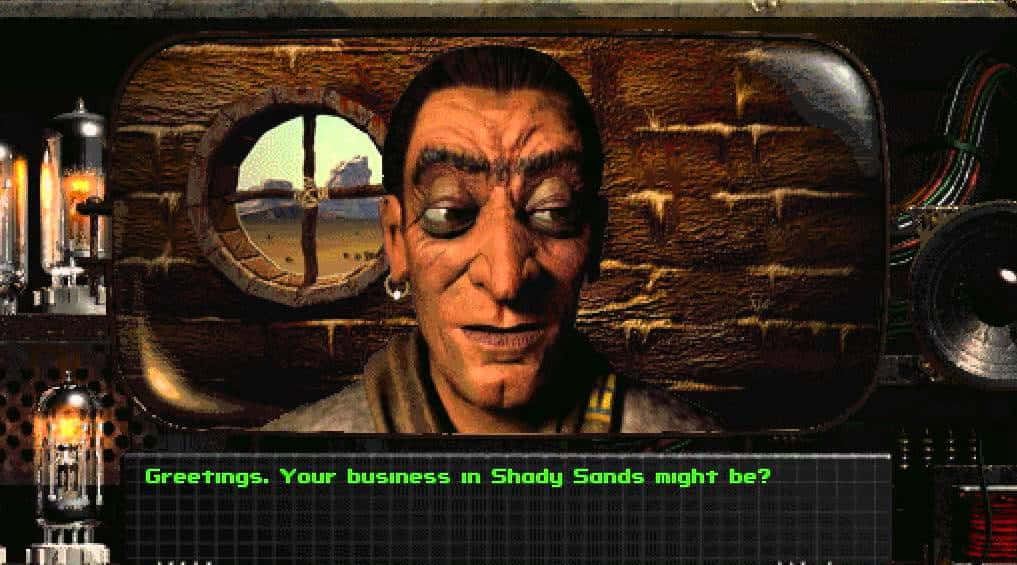 Fallout Characters 桌布 壁紙 — 一個像素化的復古電子遊戲角色帶著疲憊的表情，透過磚牆上的圓形窗戶窺視。