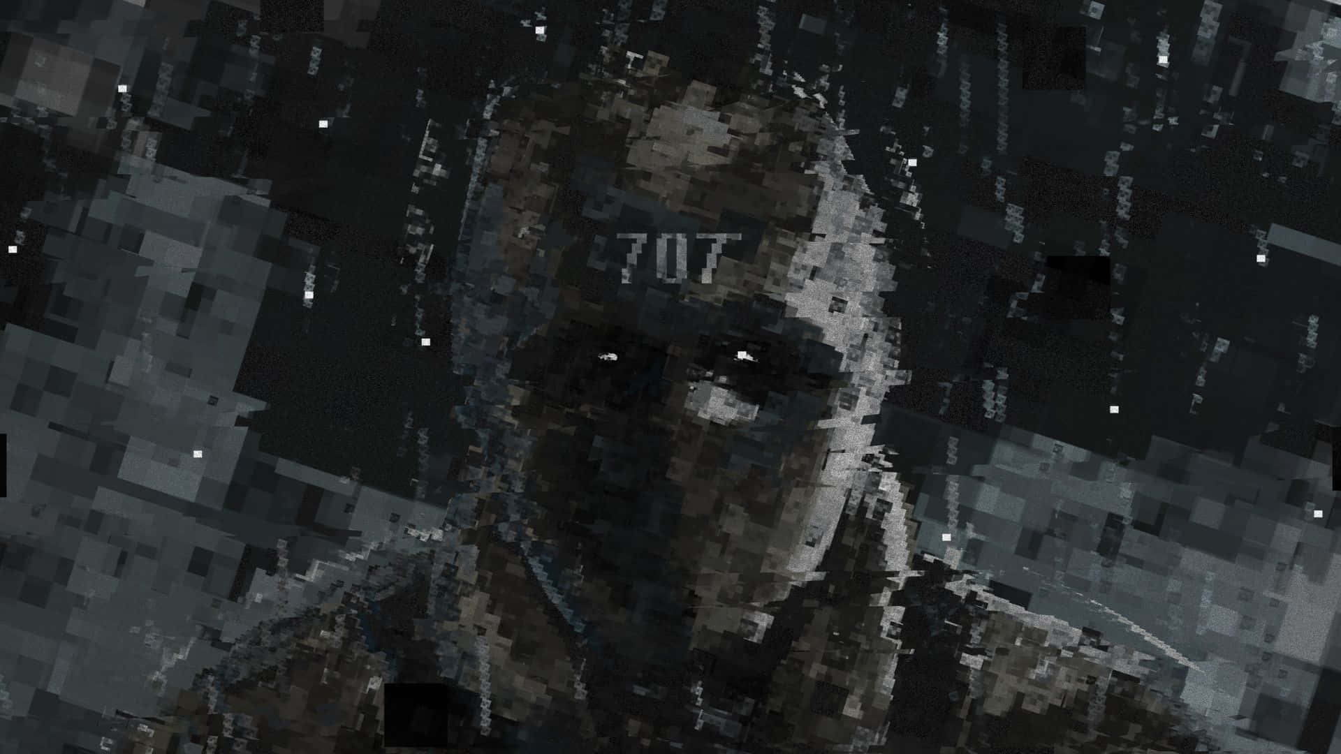 Rainbow Six Siege Operators 桌布 壁紙 — 一個像素化的數碼肖像，人物眼睛發光，額頭上有數字707，背景是暗色故障效果。
