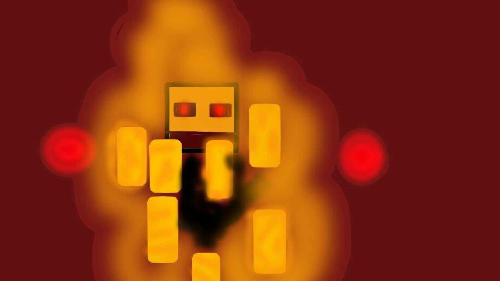 Minecraft Blaze 桌布 壁紙 — 一個像素化的機械人，擁有發光的紅色眼睛和黃色方塊，在深紅色背景上散發熱量。