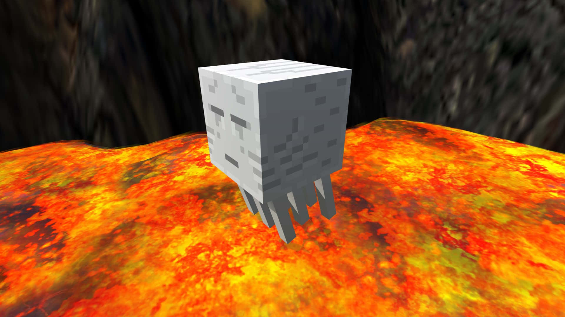 Minecraft Ghast 桌布 壁紙 — 一個像素化的灰色地獄幽靈懸浮在一個充滿活力的橙色和黃色熔岩場上方，處於Minecraft風格的方塊世界中。