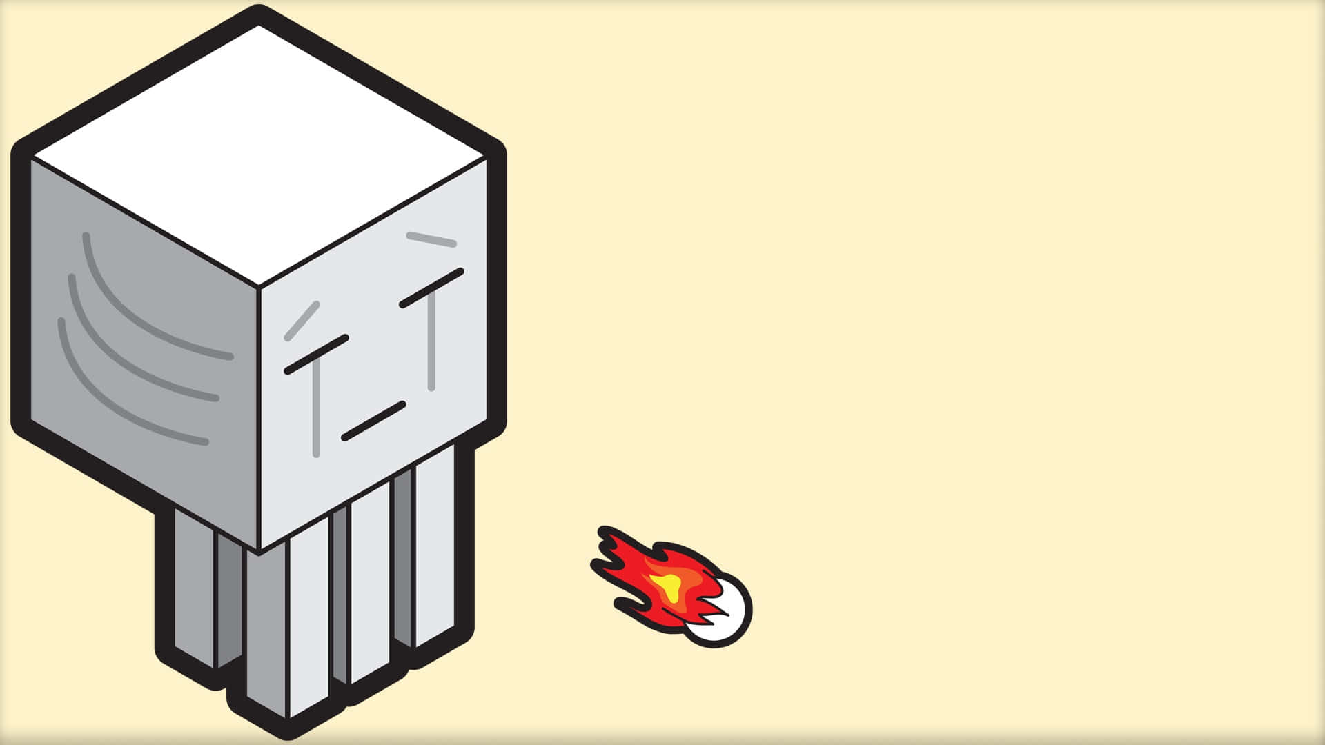 Minecraft Ghast 桌布 壁紙 — 一個像素化的灰色爬行者帶著悲傷的表情，站在一個小小的火焰火球旁邊，背景是純米色。