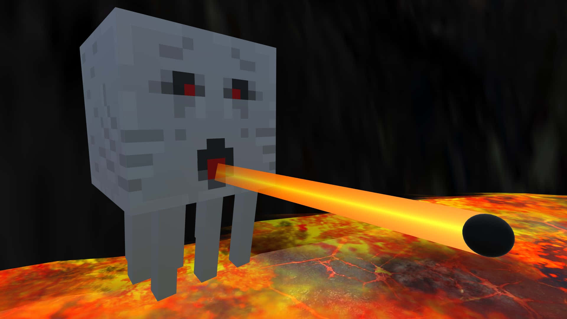 Minecraft Ghast 桌布 壁紙 — 一個像素化的灰色生物，紅色的眼睛，在熾熱的熔岩景觀上噴出一股發光的橙色流。