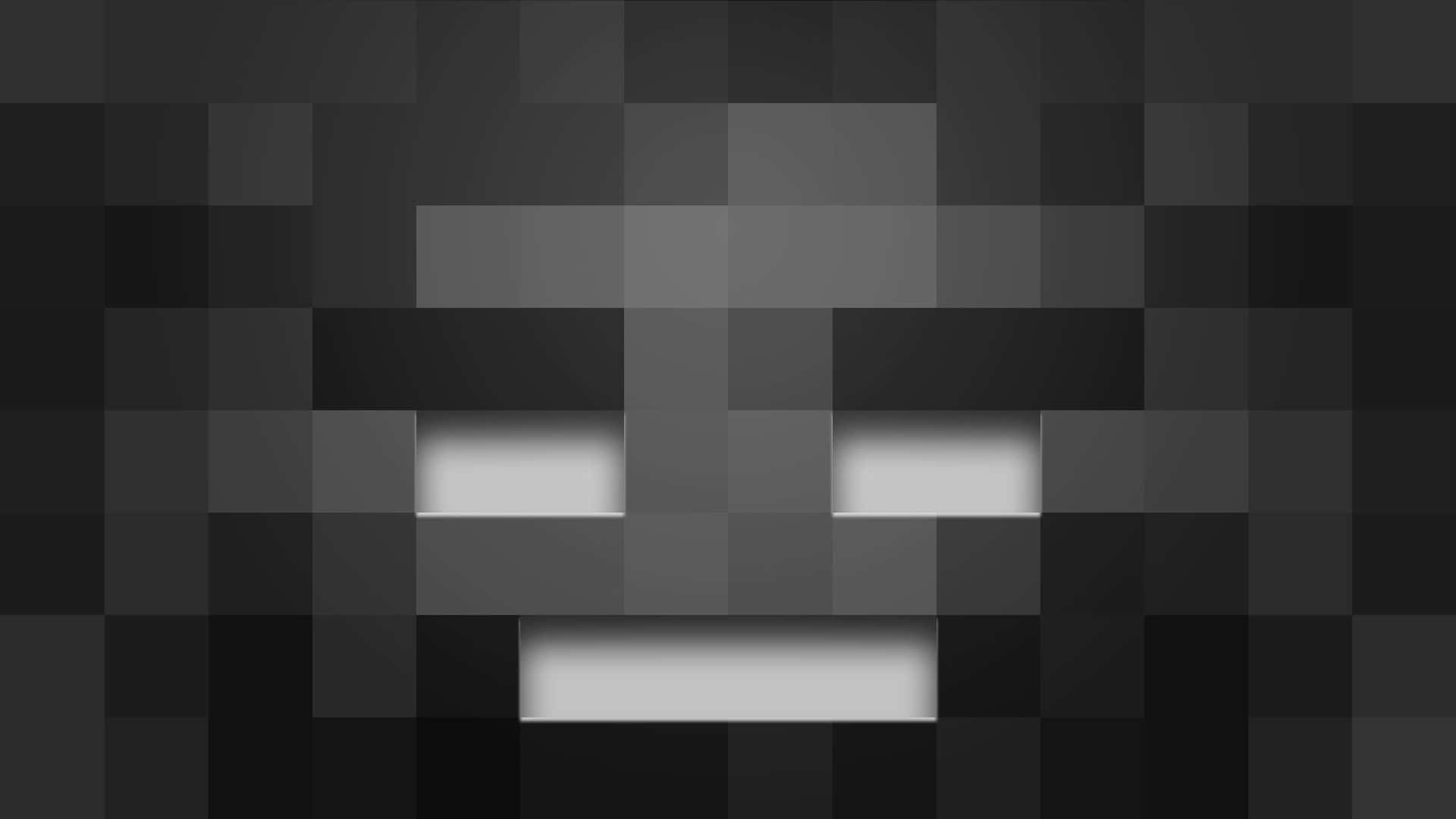 Minecraft Wither 桌布 壁紙 — 一個像素化的灰階面孔，在深色背景上由淺灰色方塊組成寬闊的笑容。