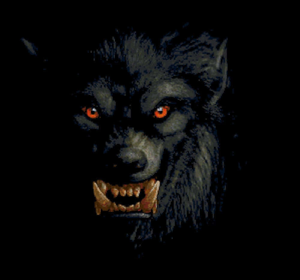 Wolf Attack 桌布 壁紙 — 一個像素化的狼人，擁有發光的橙色眼睛和露出的尖牙，在黑色背景上威脅地凝視著。