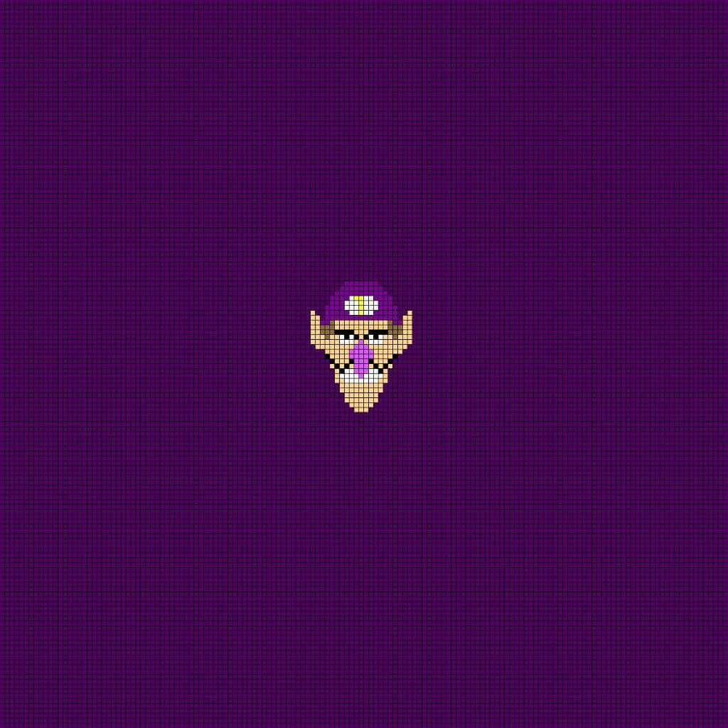 Waluigi 桌布 壁紙 — 一個像素化的瓦利奧面孔，居中在深紫色網格背景上。