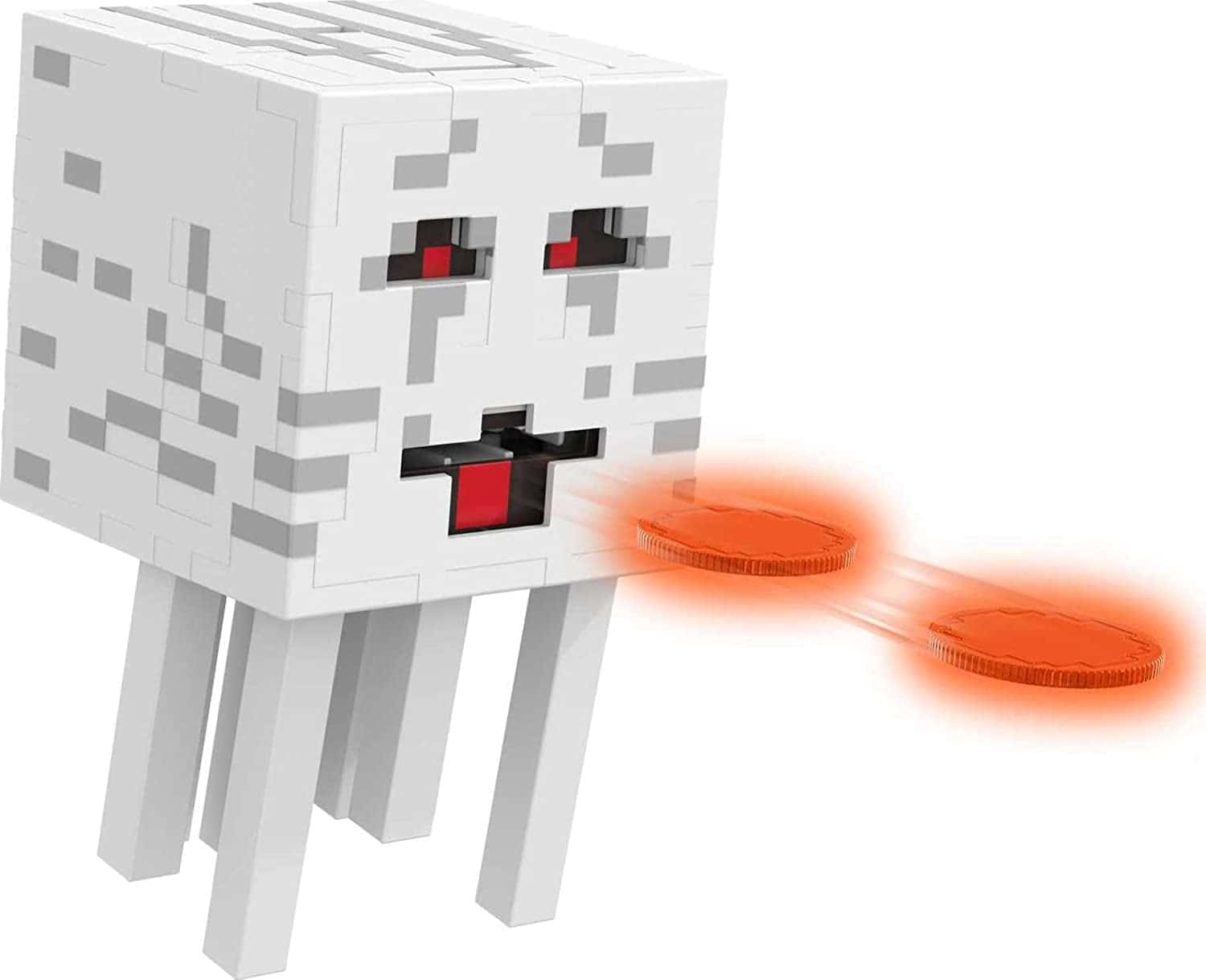Minecraft Ghast 桌布 壁紙 — 一個像素化的白色 Minecraft 地獄幽靈，有著紅色眼睛和舌頭，在純白色背景上呼出發光的橙色火球。