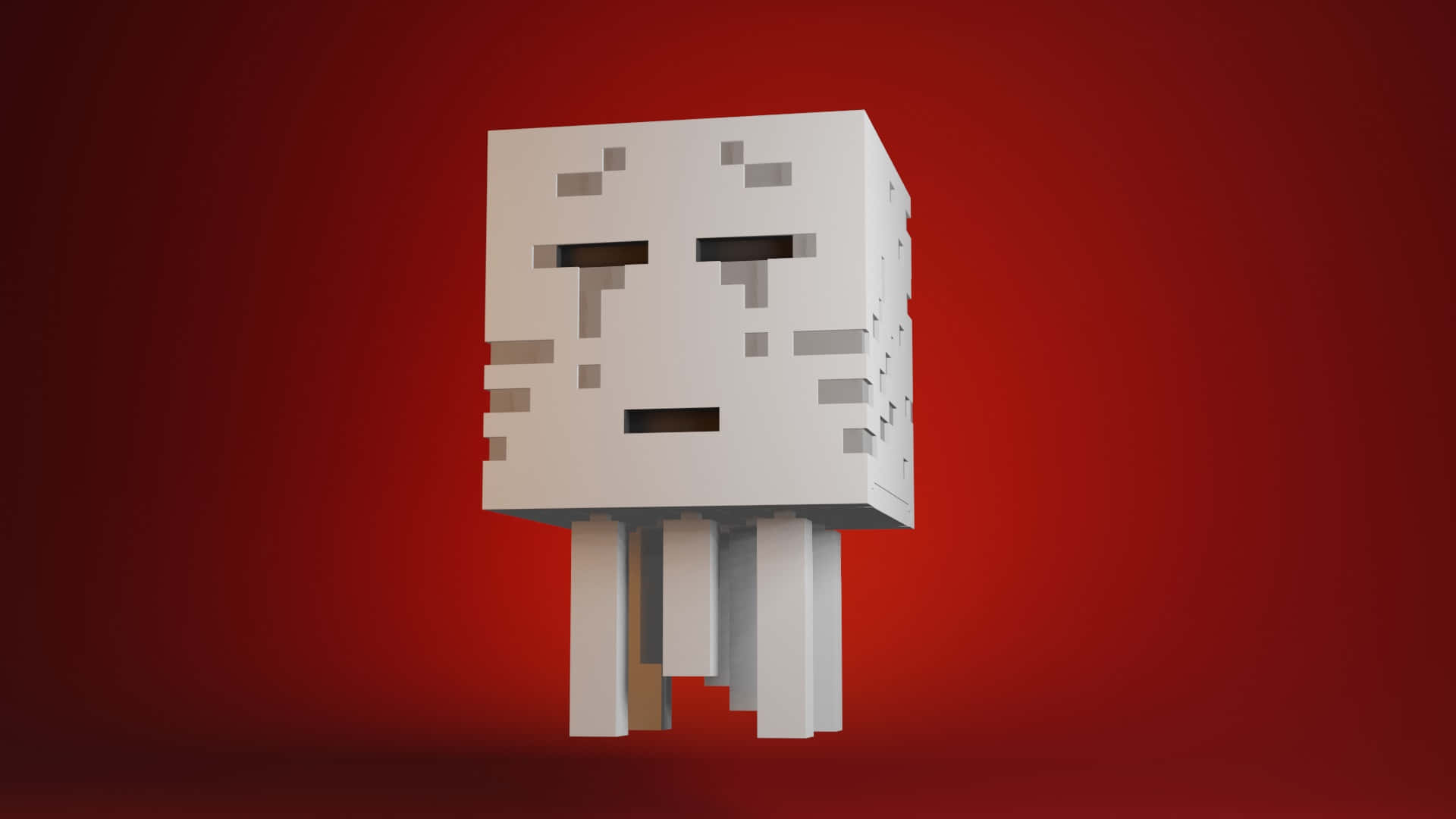 Minecraft Ghast 桌布 壁紙 — 一個像素化的白色立方體頭部，帶著悲傷的表情，漂浮在深紅色漸變背景上。