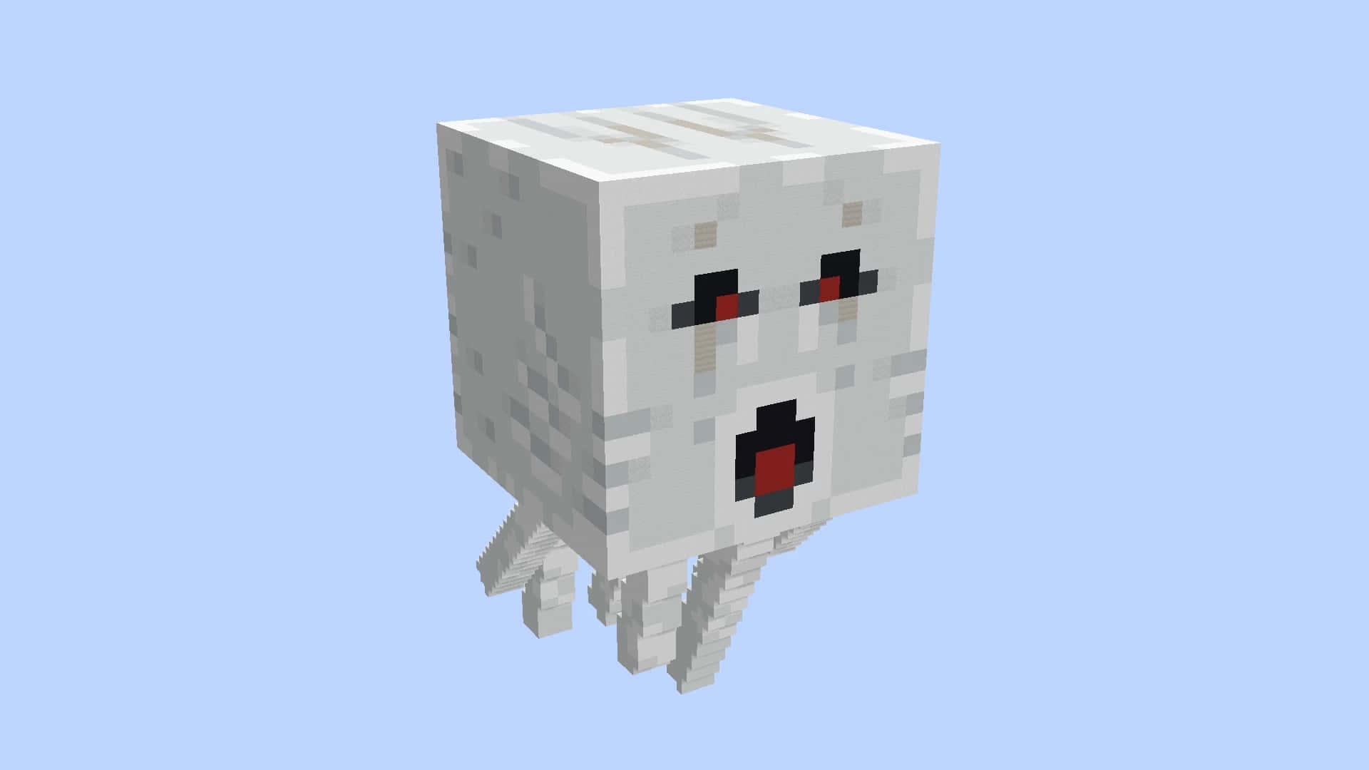Minecraft Ghast 桌布 壁紙 — 一個像素化的白色鬼魂，有紅色眼睛和嘴巴，漂浮在純淺藍色背景上。