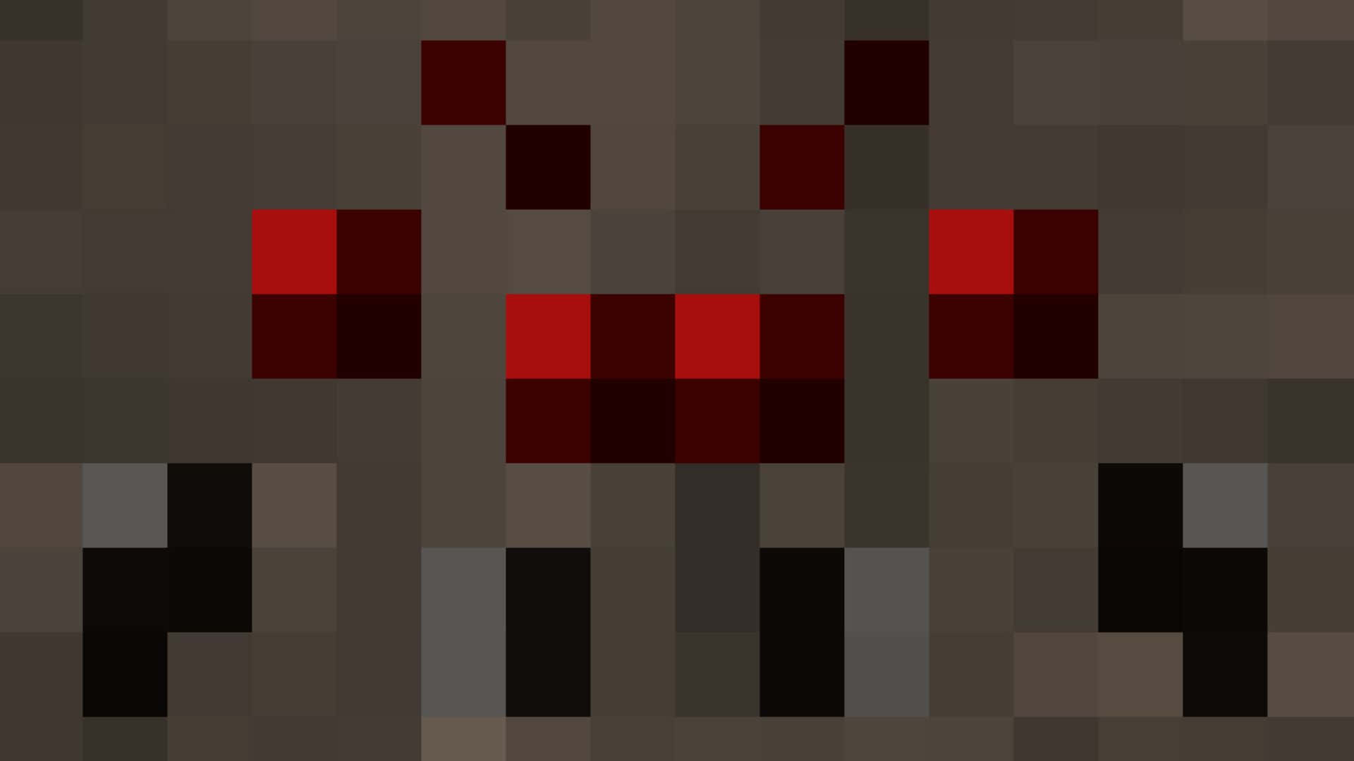 Minecraft Spider 桌布 壁紙 — 一個像素化的紅灰色生物，眼睛發光，站在黑暗的方塊環境中。