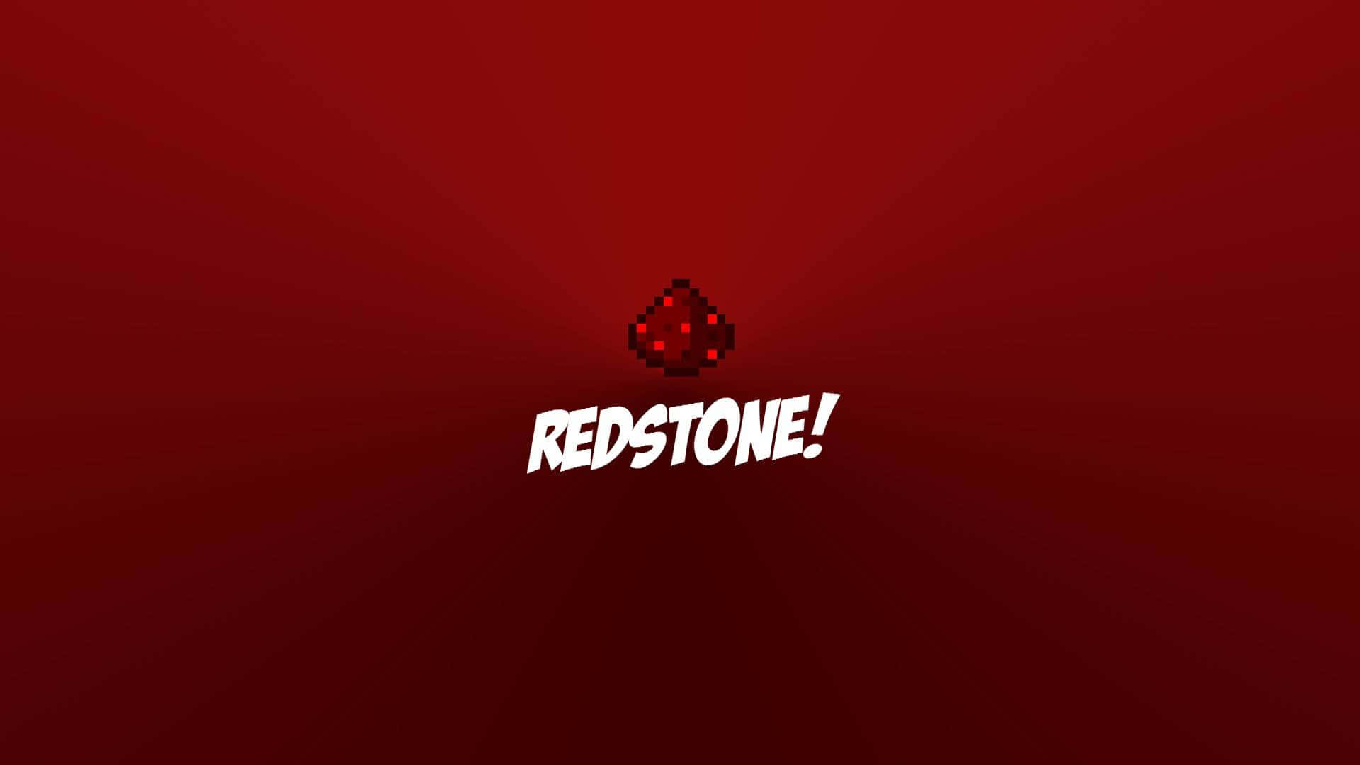 Minecraft Redstone 桌布 壁紙 — 一個像素化的紅石方塊和粗體白色文字 'REDSTONE!' 居中在帶有放射線的漸變紅色背景上。