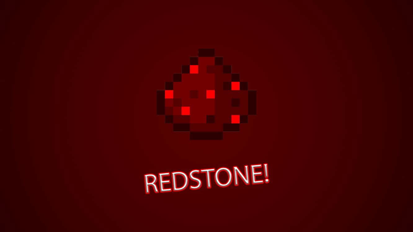 Minecraft Redstone 桌布 壁紙 — 一個像素化的紅石方塊在深紅色漸變背景上發光，下方有發光文字。