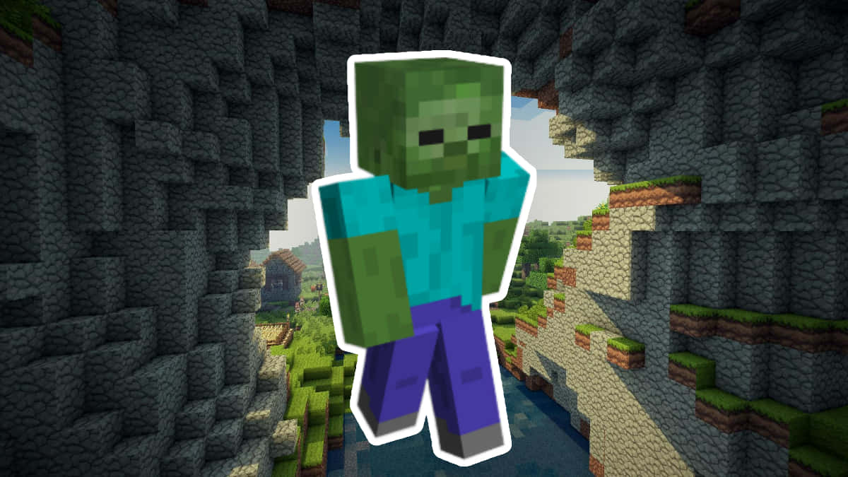 Minecraft Zombie 桌布 壁紙 — 一個像素化的綠色喪屍站在Minecraft洞穴中，周圍有草地方塊，遠處有村莊，天空明亮。