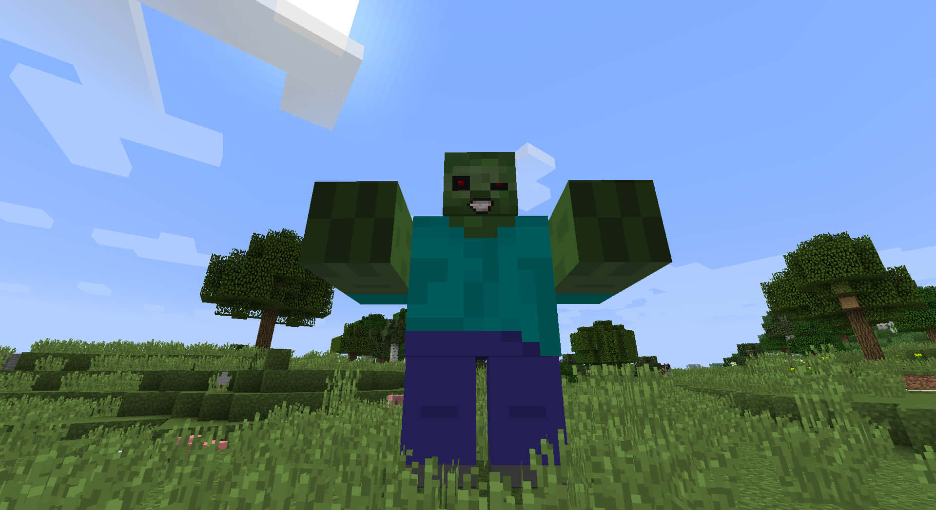 Minecraft Zombie 桌布 壁紙 — 一個像素化的綠色喪屍站在草地上，背景是明亮的藍天，有方塊狀的樹木和雲朵。