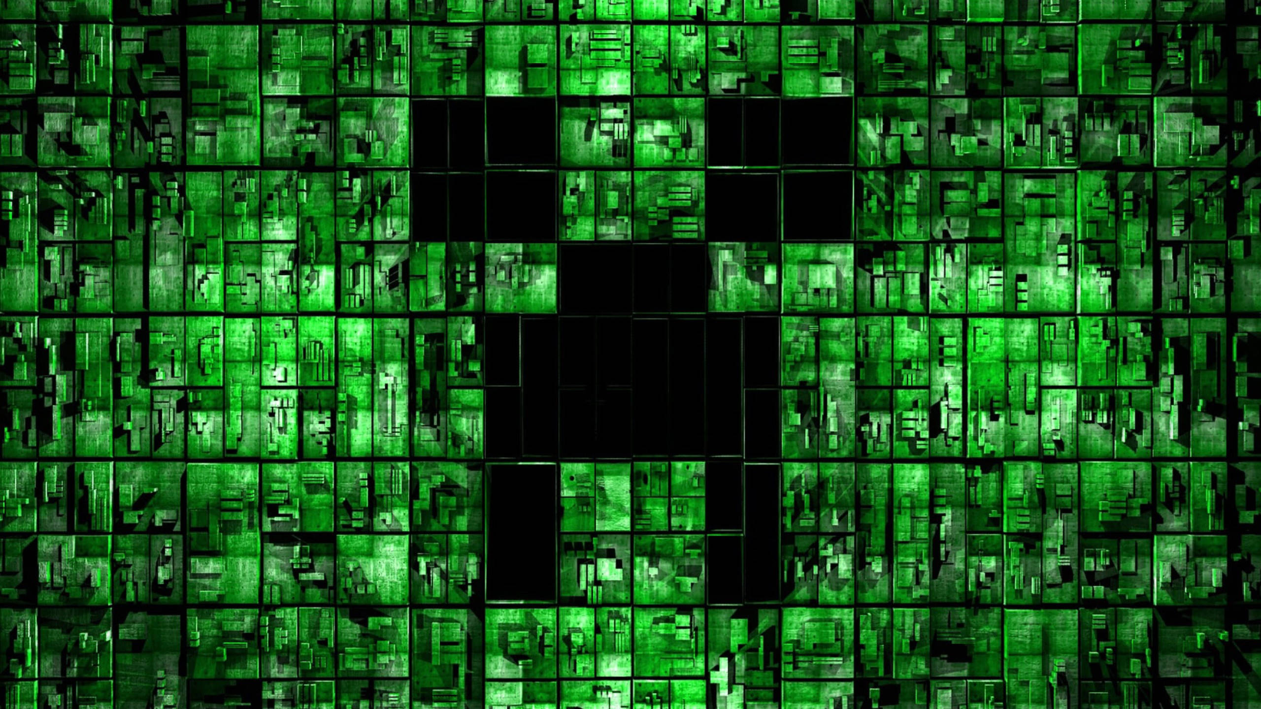 Minecraft Creeper 桌布 壁紙 — 一個像素化的綠色爬行者面孔從發光的綠色方塊網格中浮現，呈現Minecraft風格的數位景觀。