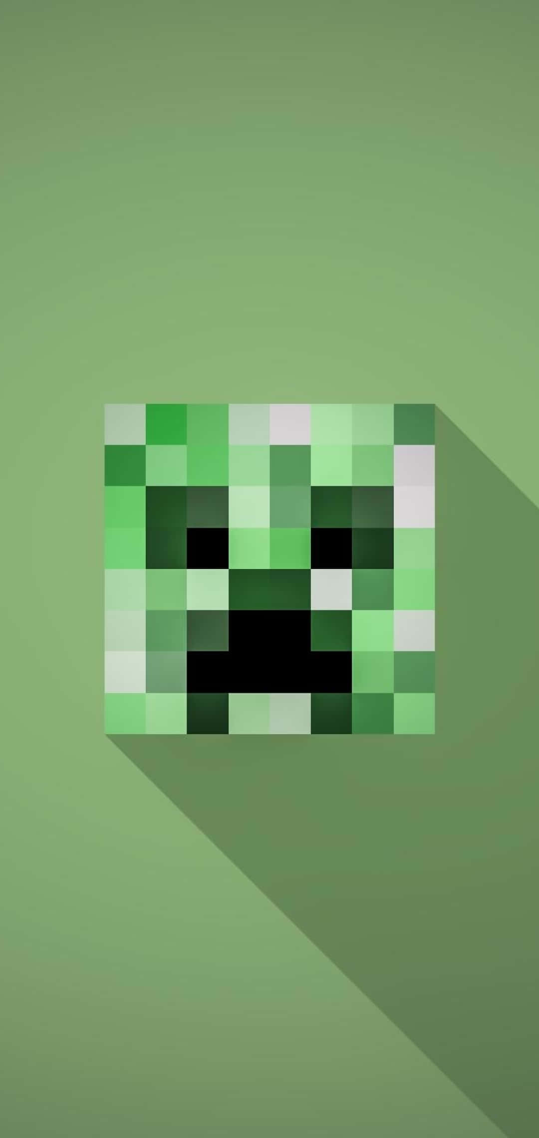 Minecraft Phone 桌布 壁紙 — 一個像素化的綠色爬行者頭在漸變綠色背景上投下長長的陰影。