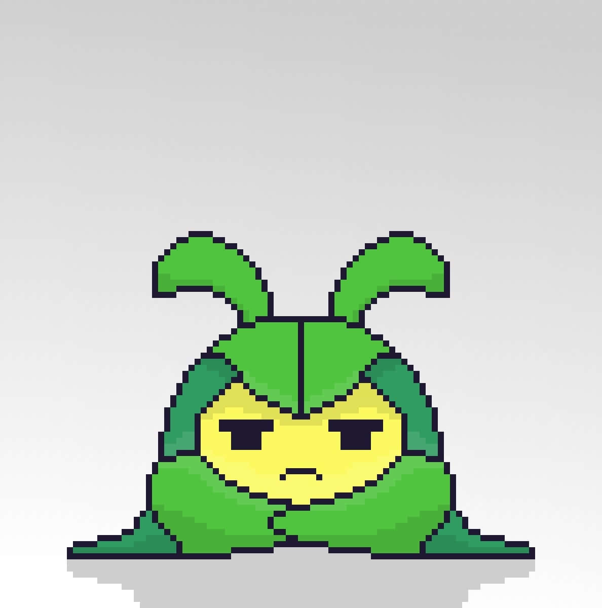 Pokemon 桌布 壁紙 — 一個像素化的綠色生物，有著葉子般的耳朵和黃色的臉，正皺著眉頭向下看。