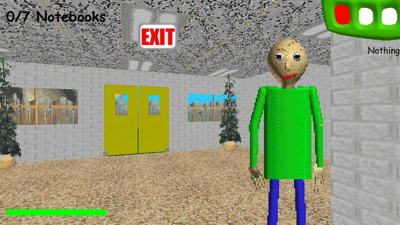 Baldi's Basics in Education and Learning 壁紙 — 一個像素化的綠色角色站在一個有黃色門和斑點天花板的方塊房間裏。