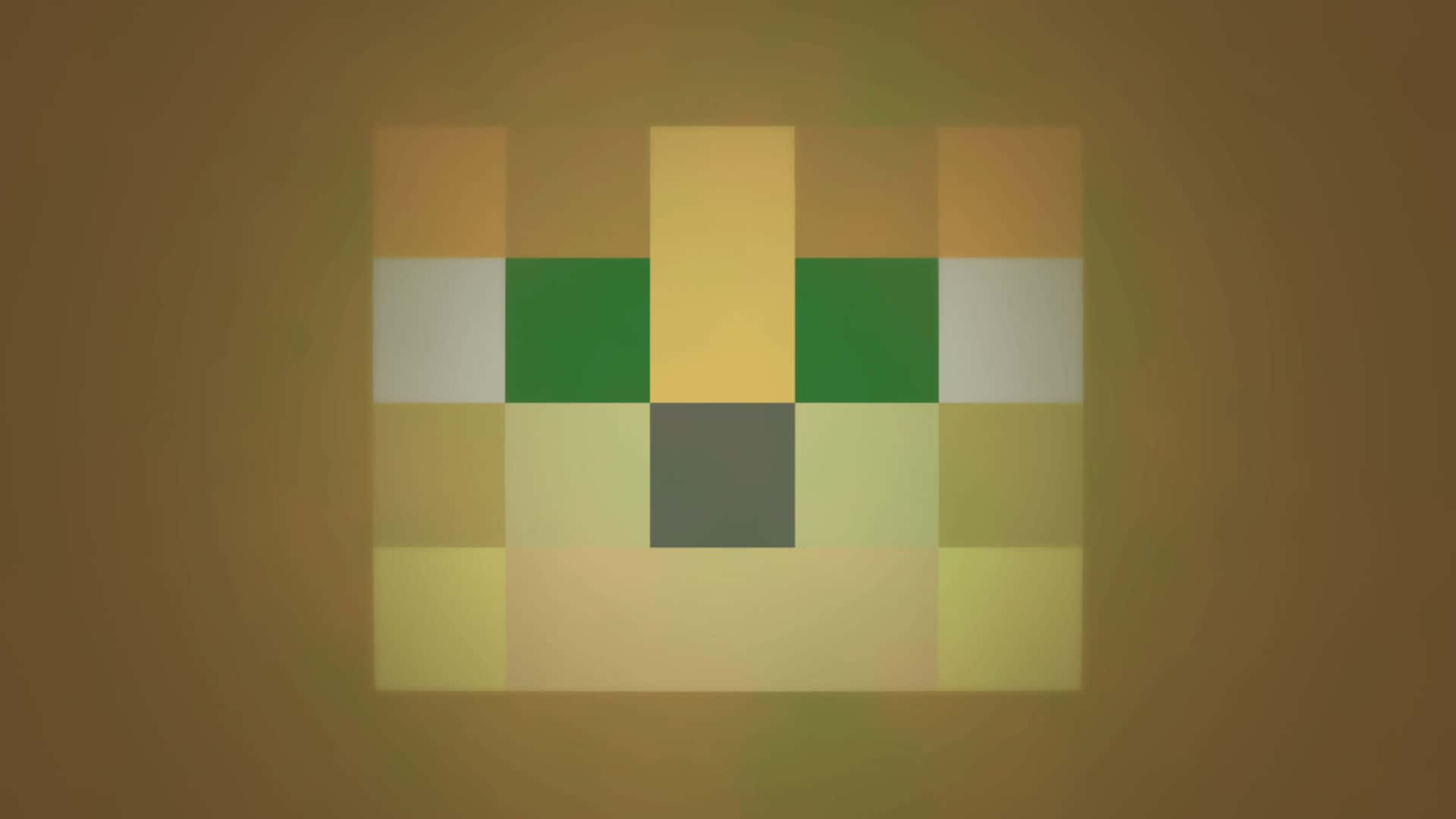 Minecraft Ocelot 桌布 壁紙 — 一個像素化的臉孔，有綠色眼睛和灰色鼻子，居中在暖色漸變背景上。