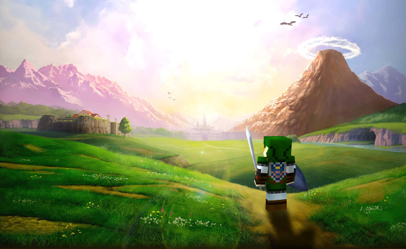 Minecraft Fan Art 桌布 壁紙 — 一個像素化的英雄站在陽光照耀的草地上，俯瞰著一個山谷，遠處有山脈和一座城堡，天空明亮。