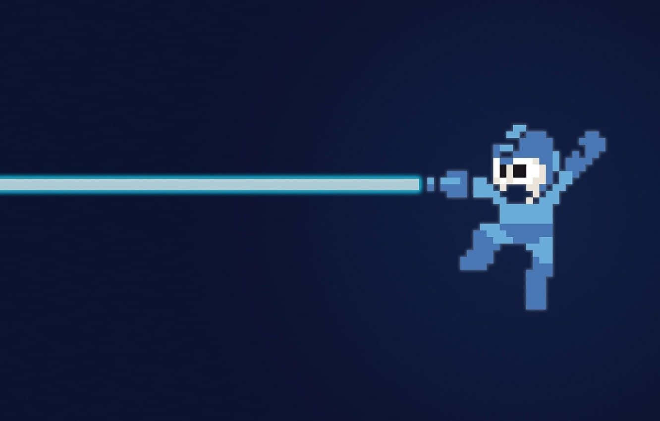 Pixel Game 桌布 壁紙 — 一個像素化的藍色機械人在深藍色背景上發射一道明亮的光束，呈現復古電子遊戲風格。