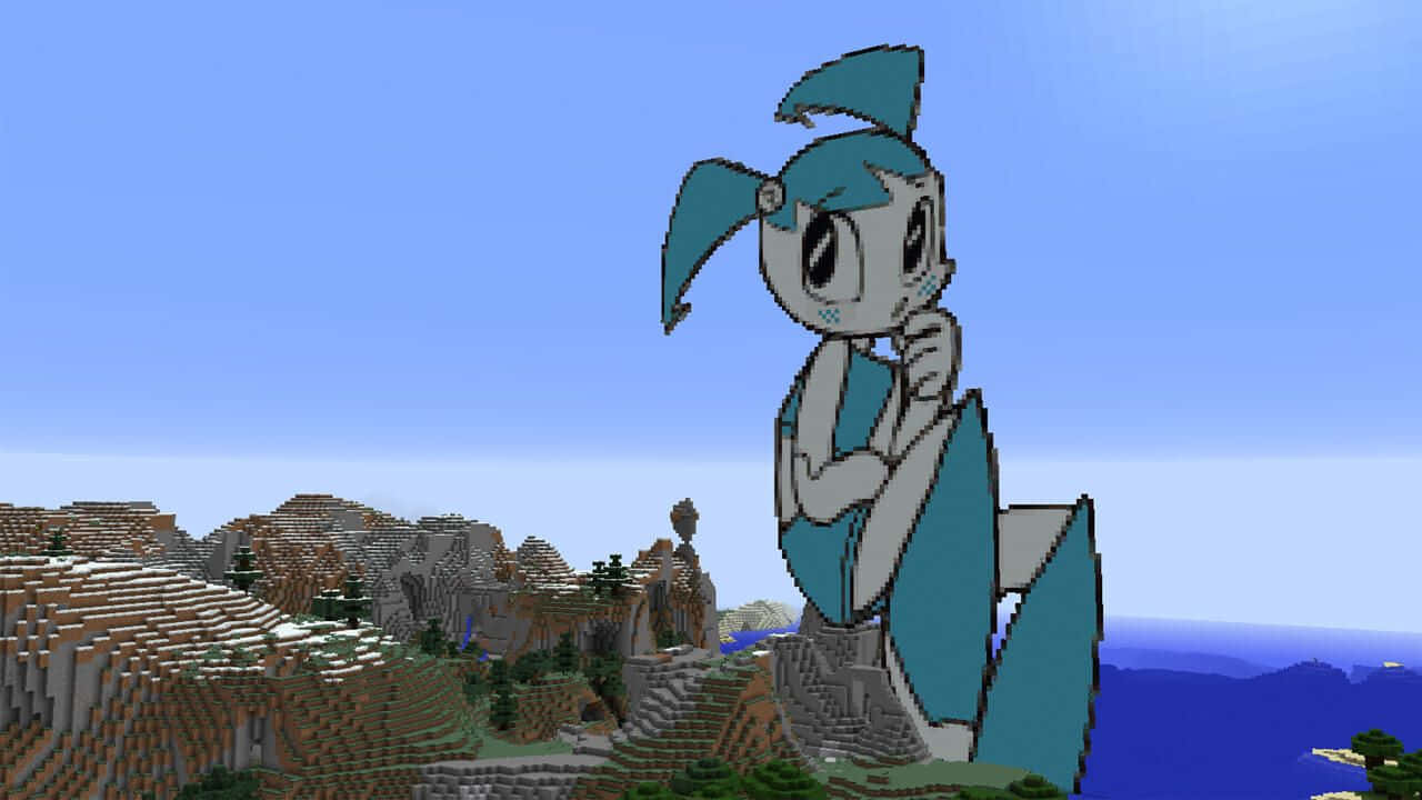 Minecraft Art 桌布 壁紙 — 一個像素化的藍髮動漫女孩站在Minecraft山脈之上，背景是清澈的藍天。
