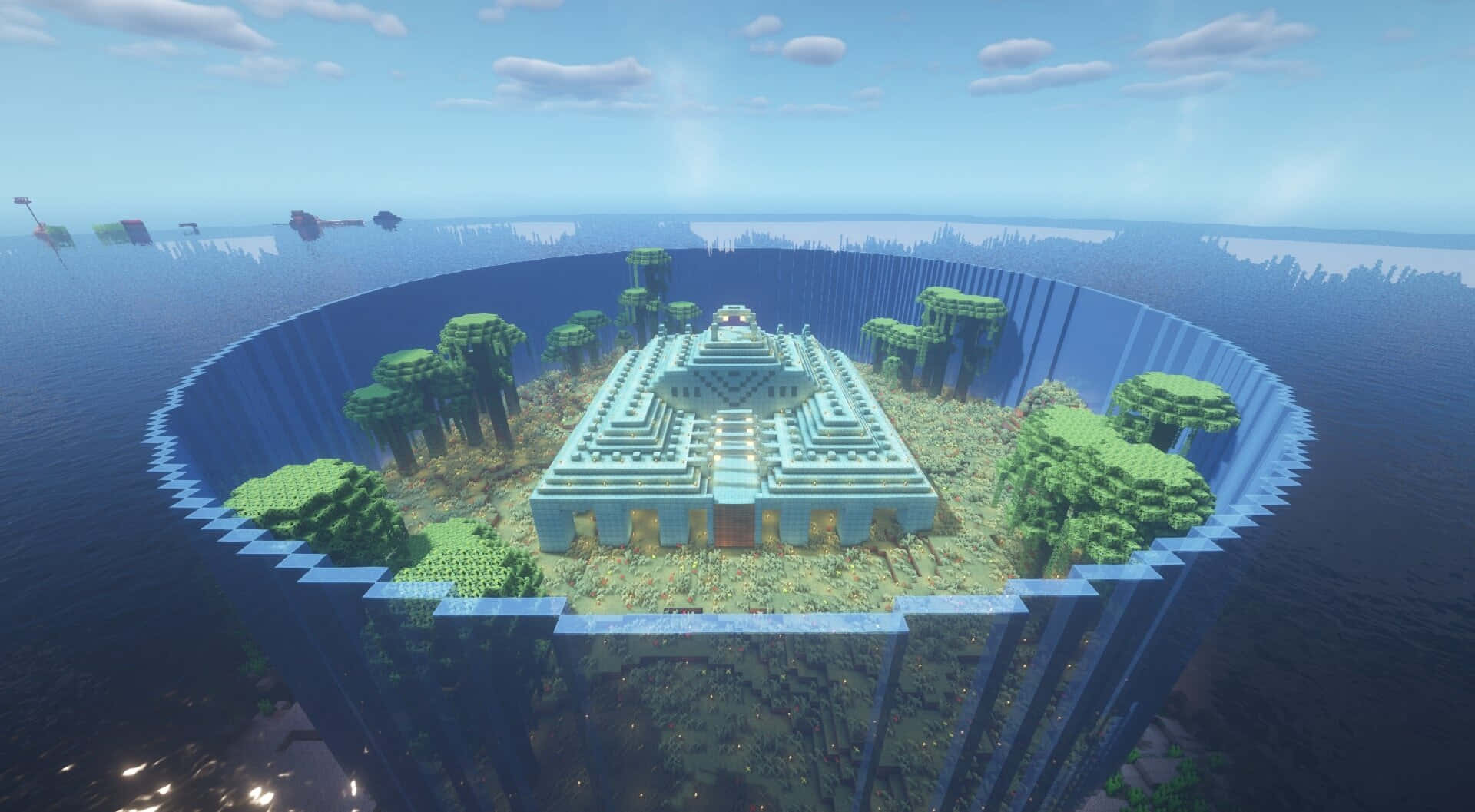 Minecraft Building 桌布 壁紙 — 一個像素化的金字塔寺廟坐落於一座浮島上，周圍是海洋和叢林樹木，上方是明亮的藍天。