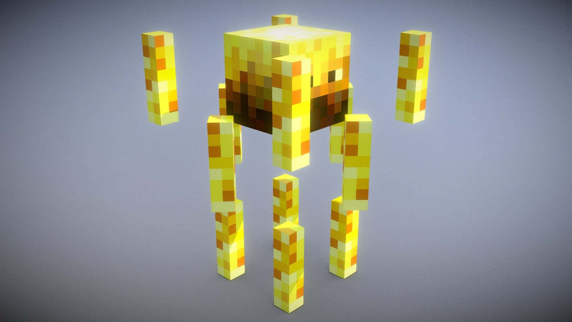 Minecraft Blaze 桌布 壁紙 — 一個像素化的金色爬行者站在純灰色背景前，擁有方塊狀四肢和發光的黃色紋理。