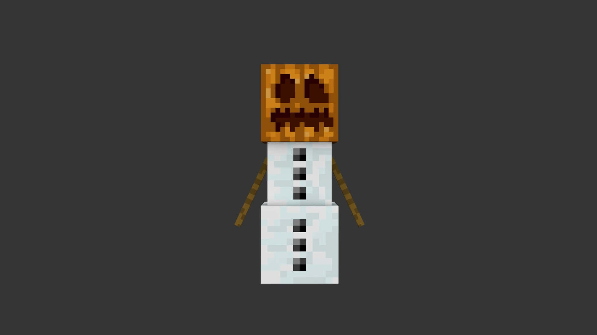 Minecraft Snow Golem 桌布 壁紙 — 一個像素化的雪人，帶有雕刻的南瓜頭，站在深灰色背景前。