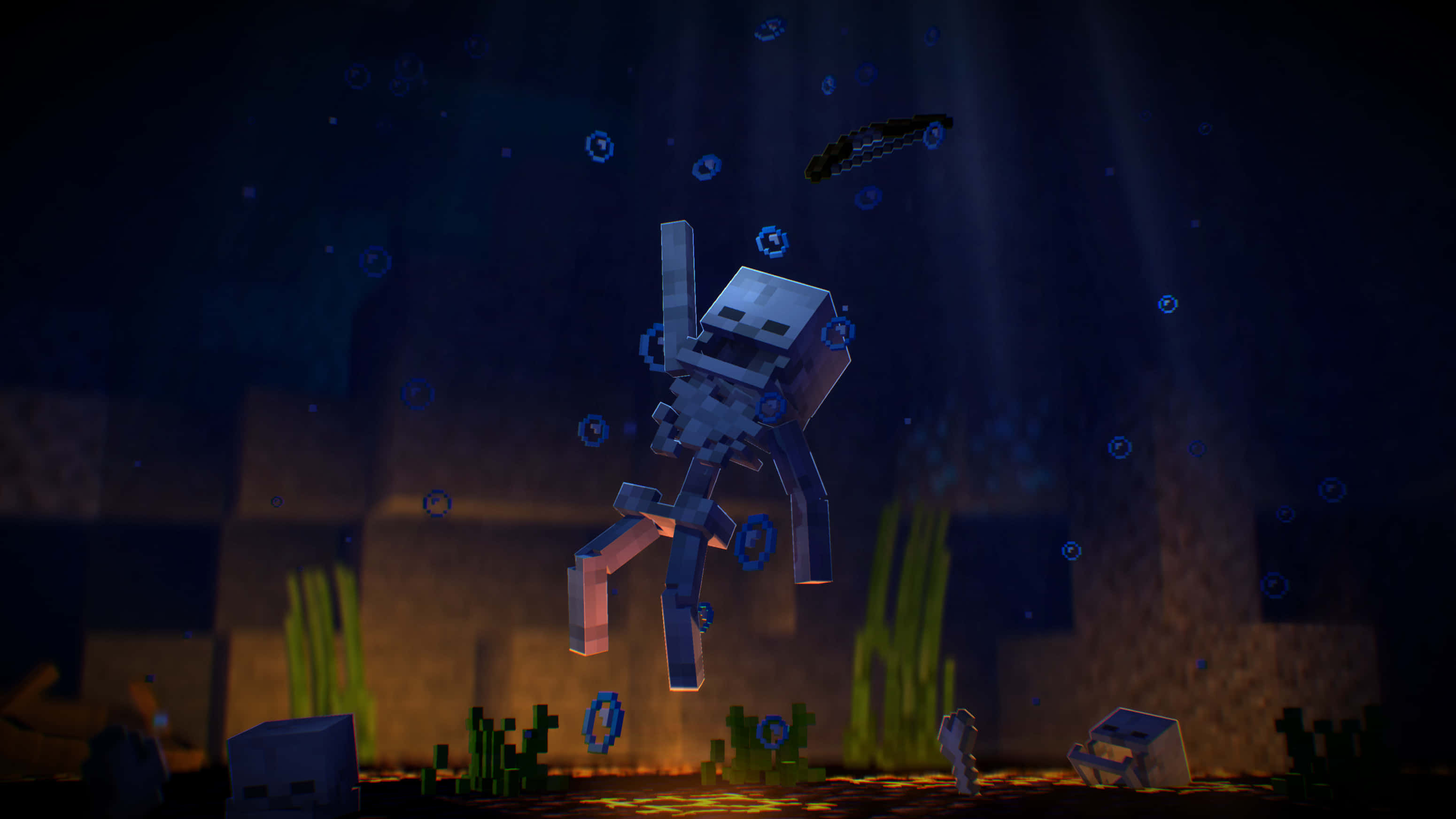 Minecraft Skeleton 桌布 壁紙 — 一個像素化的骷髏潛水員漂浮在黑暗的水下洞穴中，周圍有發光的藍色氣泡和火炬照亮的石牆。