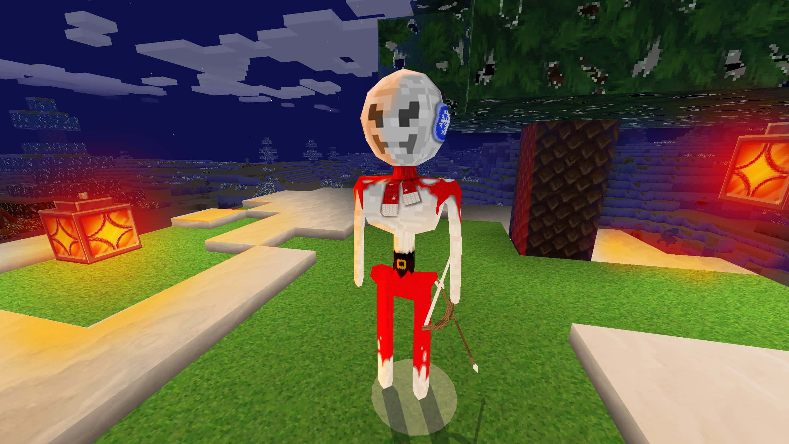 Minecraft Adventure 桌布 壁紙 — 一個像素化的骷髏穿著紅色褲子，站在草地上，靠近發光的燈籠，在滿天星斗的Minecraft夜空下。