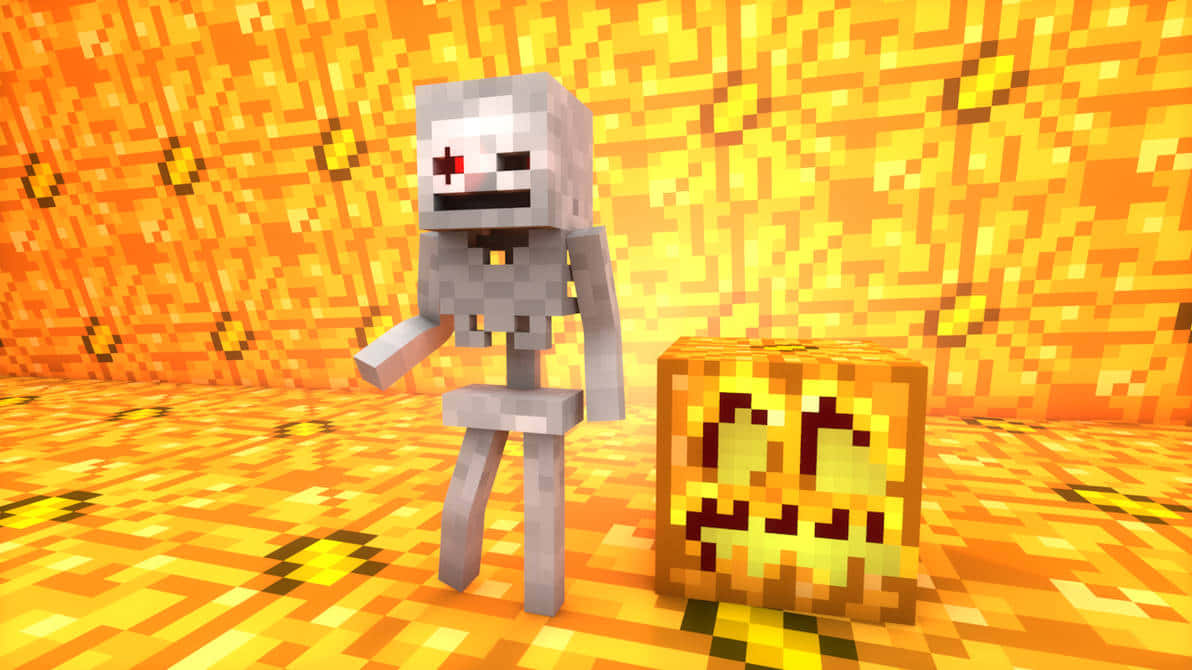 Minecraft Skeleton 桌布 壁紙 — 一個像素化的骷髏站在一個發光的傑克南瓜燈旁邊，背景是火熱的橙色Minecraft地獄景觀。