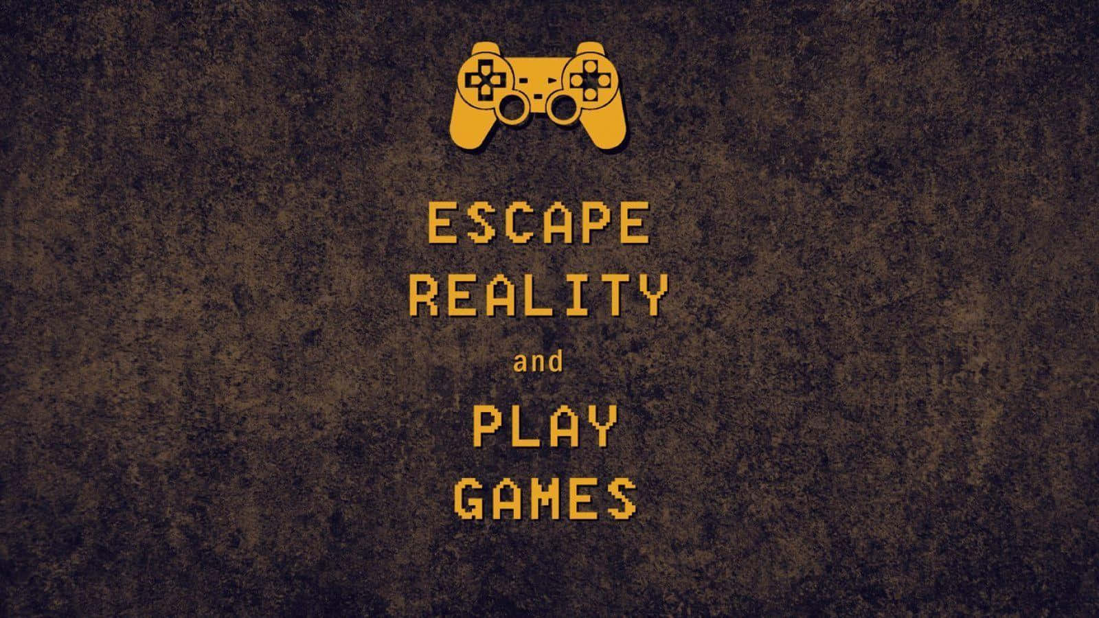 Cool Gaming 桌布 壁紙 — 一個像素化的黃色遊戲控制器和文字，在帶有紋理的深棕色背景上，邀請玩家逃離現實。