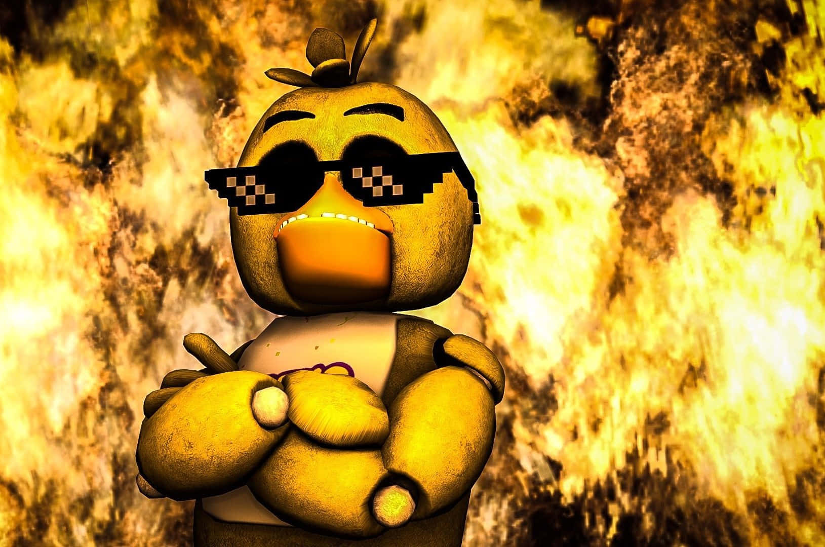 Chica The Chicken 桌布 壁紙 — 一個像素化的黃色雞吉祥物戴著太陽眼鏡，自信地站在火熱爆炸背景前。