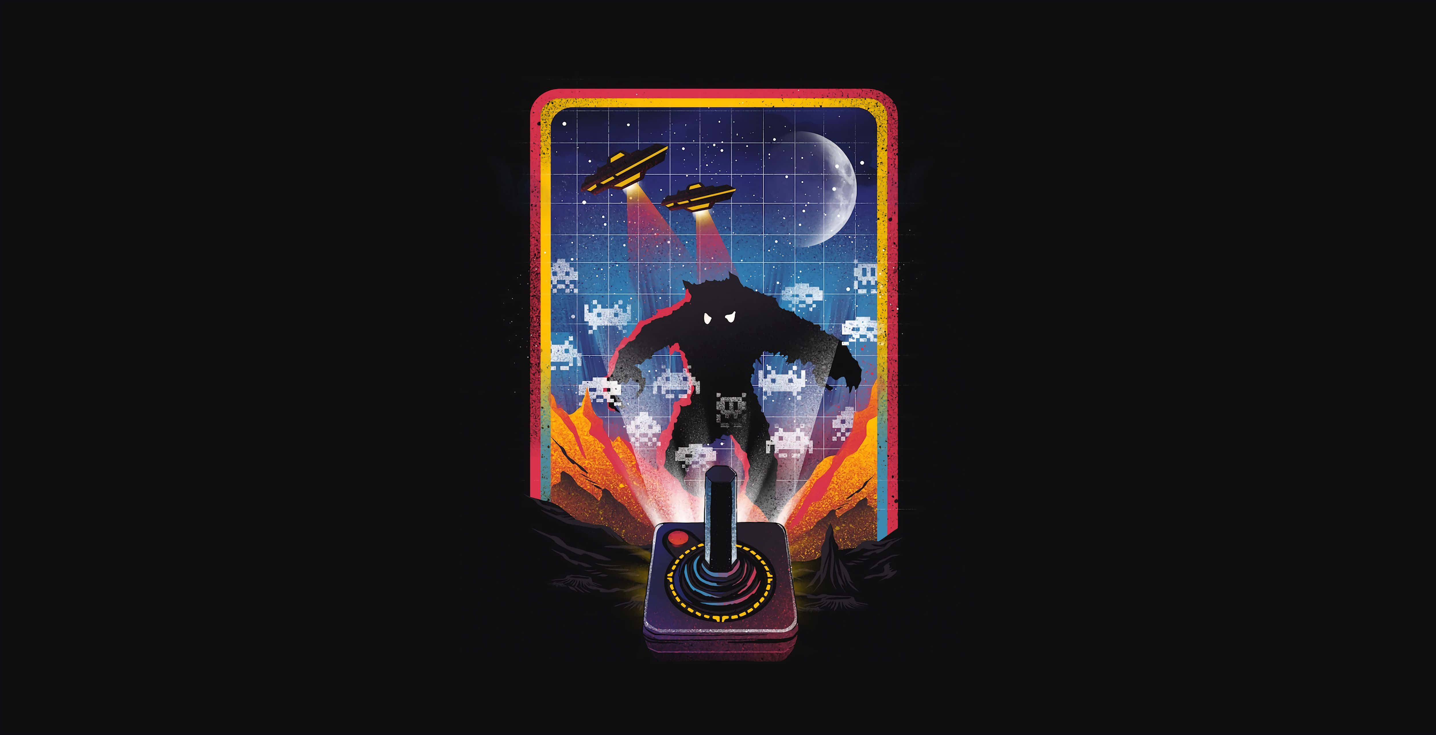 Minimalist Game 桌布 壁紙 — 一個像素化的黑色怪物，眼睛發光，站在一個復古遊戲控制器上，背景是星空太空，有UFO和鬼魂。