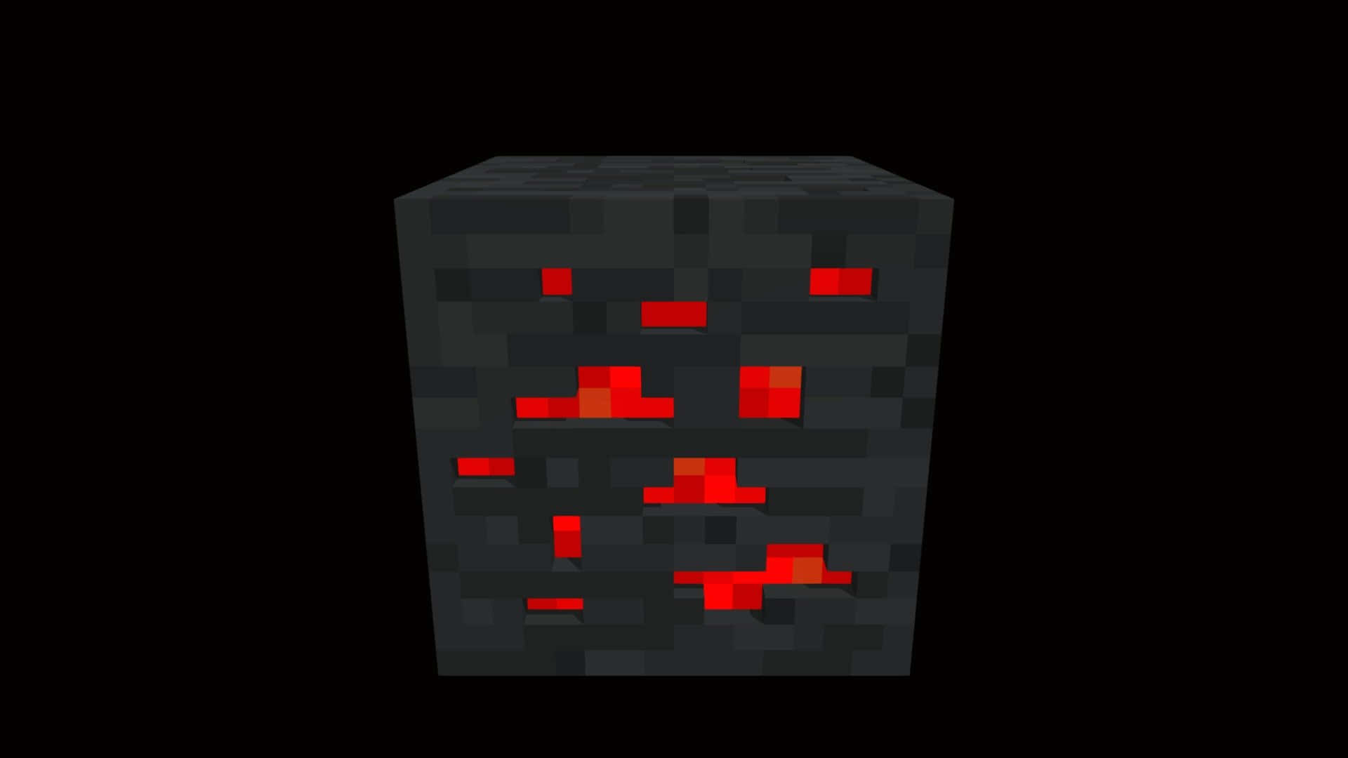 Minecraft Redstone 桌布 壁紙 — 一個像素化的黑色方塊，在深色背景上帶有發光的紅色岩漿狀圖案。