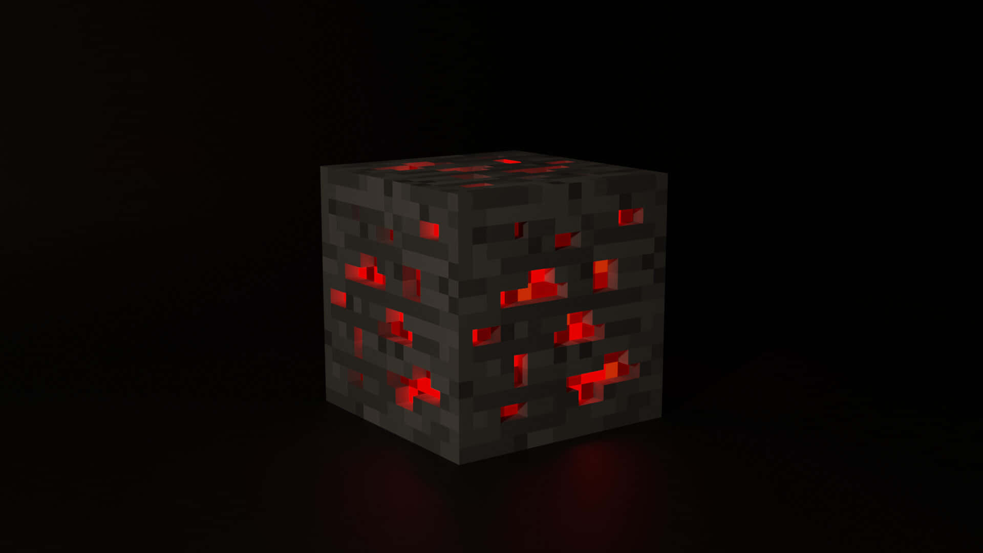 Minecraft Redstone 桌布 壁紙 — 一個像素化的黑色立方體，帶有發光的紅色岩漿方塊，在黑暗虛無的背景中散發熱量。