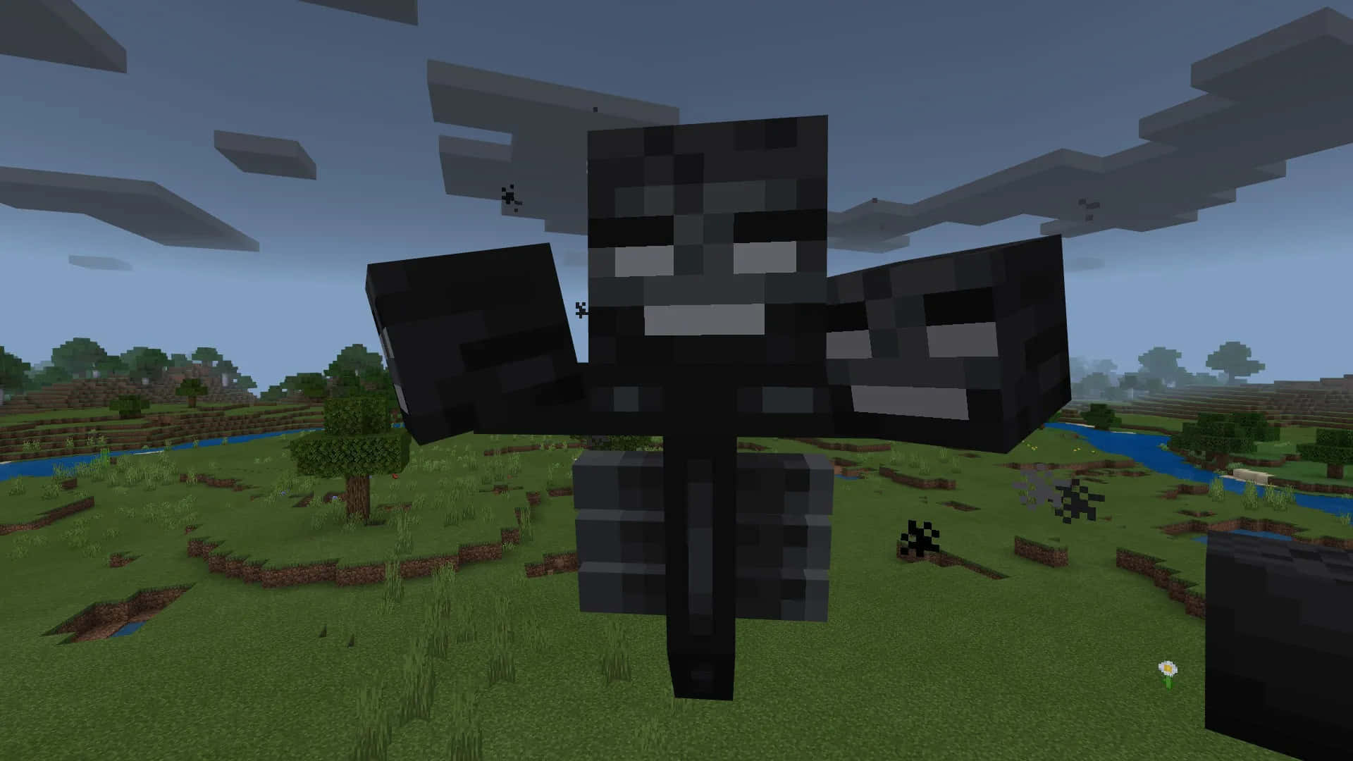 Minecraft Wither Boss 桌布 壁紙 — 一個像素化的黑色終界使者站在草地的Minecraft田野上，天空多雲，遠處有樹木和河流。