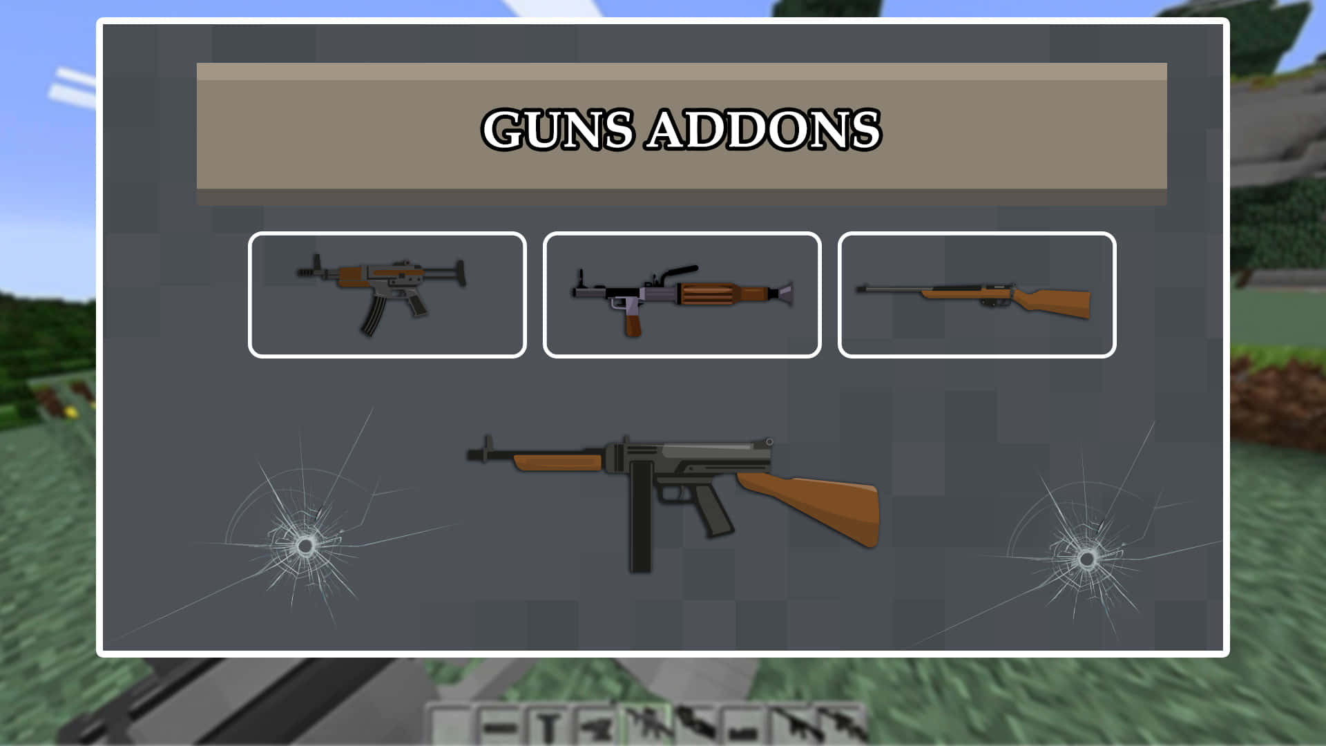 Minecraft Weapons 桌布 壁紙 — 一個像素化遊戲選單，在破裂的玻璃背景上顯示三種武器附加組件和一把大型衝鋒槍。