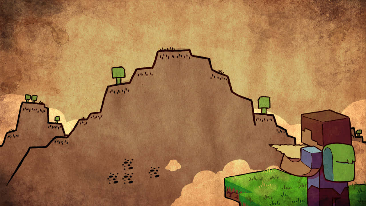 Minecraft Fan Art 桌布 壁紙 — 一個像素藝術Minecraft角色站在長滿草的懸崖上，俯瞰著崎嶇的棕色山脈，天空帶有紋理。