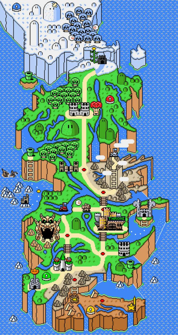 Gaming Art 桌布 壁紙 — 一個像素藝術地圖，描繪了一個幻想島嶼，擁有城堡、森林、河流和冰峰，被藍色海洋環繞。