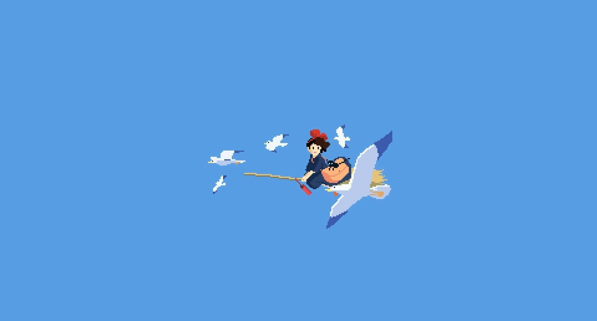 Studio Ghibli Art 桌布 壁紙 — 一個像素藝術女巫騎著掃帚帶著貓，在純藍色天空襯托下，有白色鳥兒飛翔。
